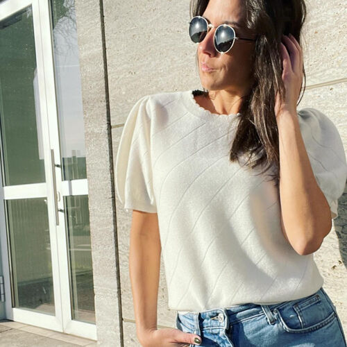 Pointelle cashmere trui met korte pofmouwen